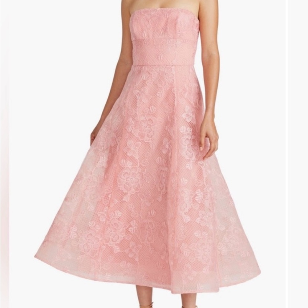 ML Monique Lhuillier Louisa Lace Strapless A-Line Midi Cocktail Dress